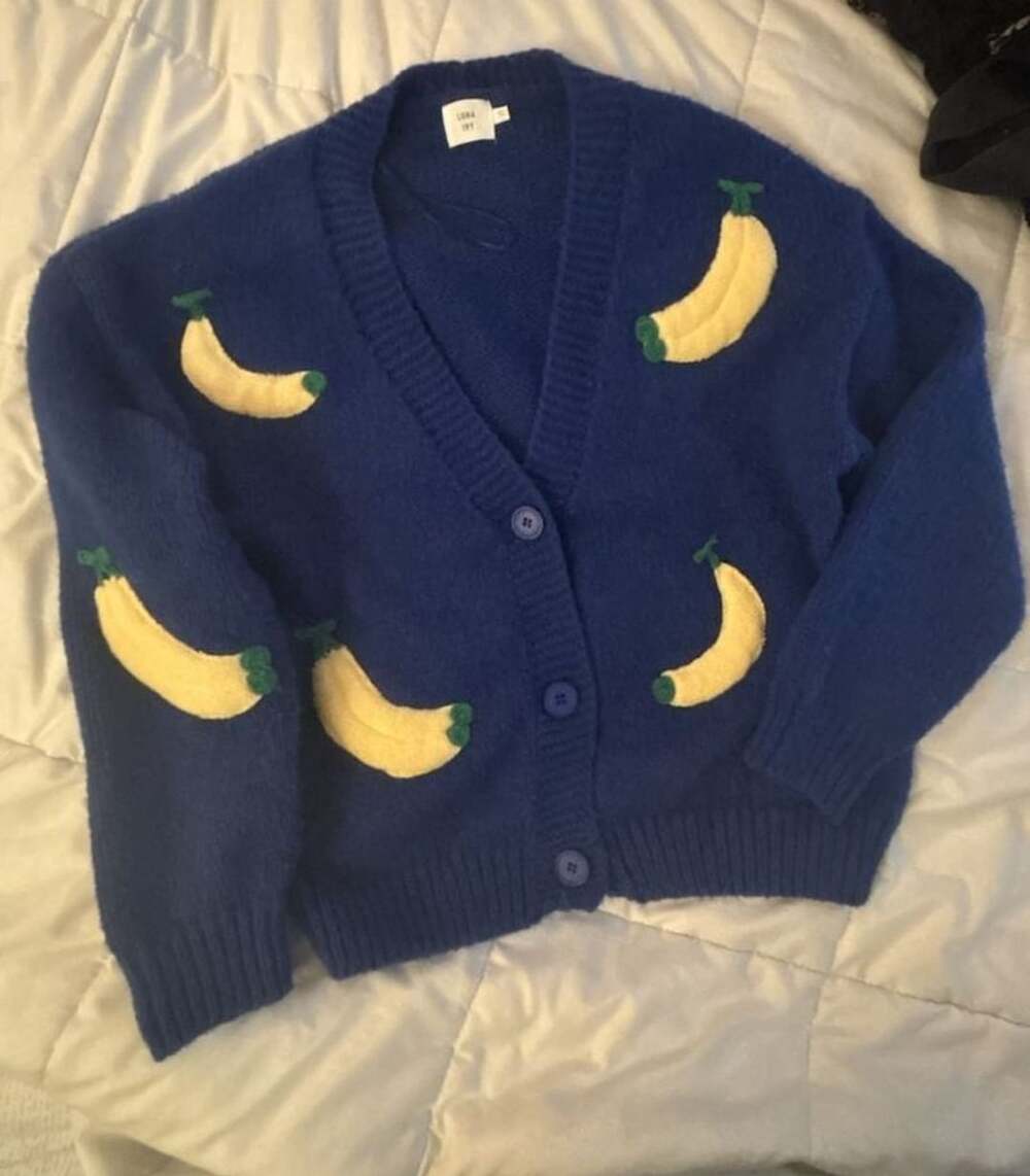 Luna Ivy Banana Applique Cardigan Size L Blue Knit Sweater Jacket